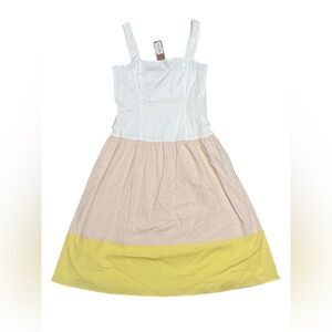 Cremieux Dress Midi Flare 6 Spaghetti Cotton Color Block Beige White New $149